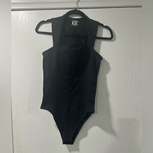 OQQ Black Ribbed Bodysuit for Women